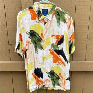 Vintage-Style Abstract Brushstroke Short-Sleeve Shirt - White/Green/Orange